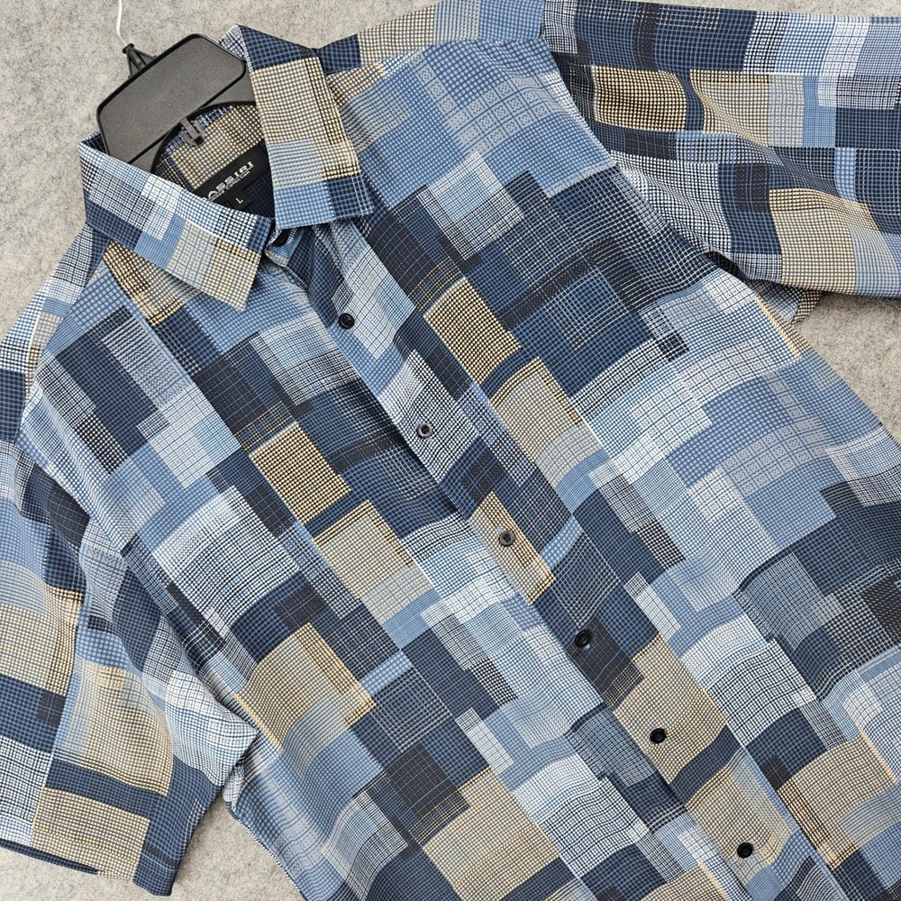 Bassiri Button Down Shirt Men's Large Blue Geometric Patchwork Microfiber S/S